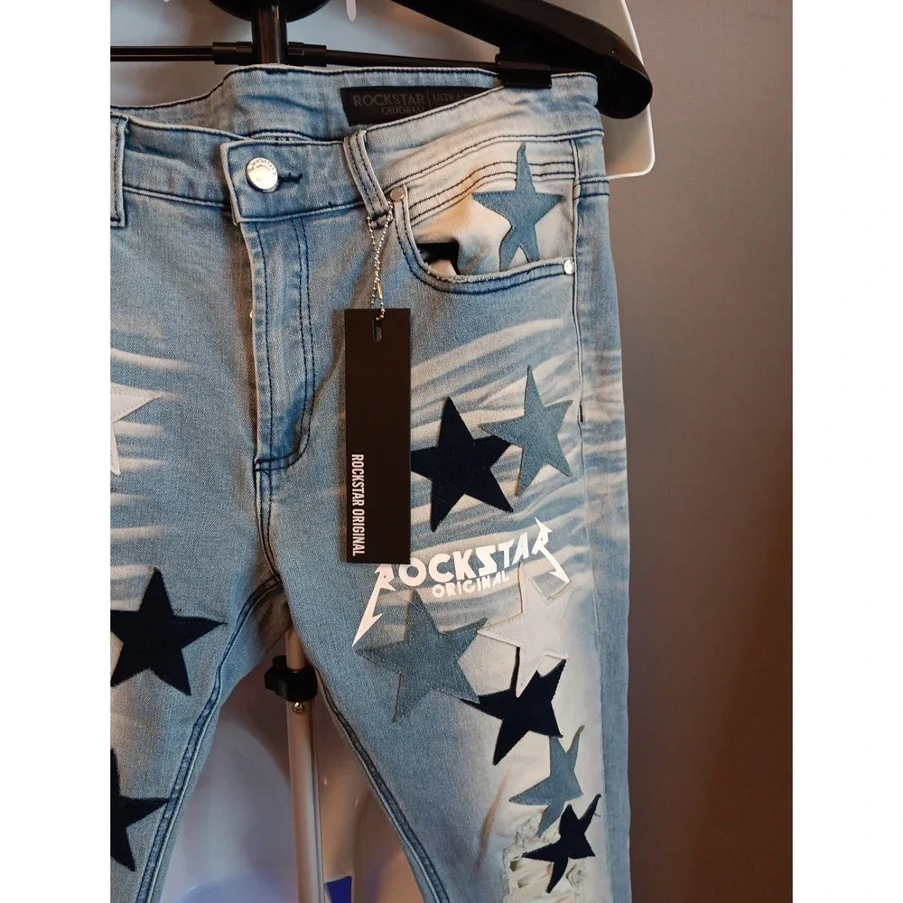 Rockstar Original Star Patch Stacked Denim Jeans Light Blue Distressed NWT 32 - Picture 4 of 6